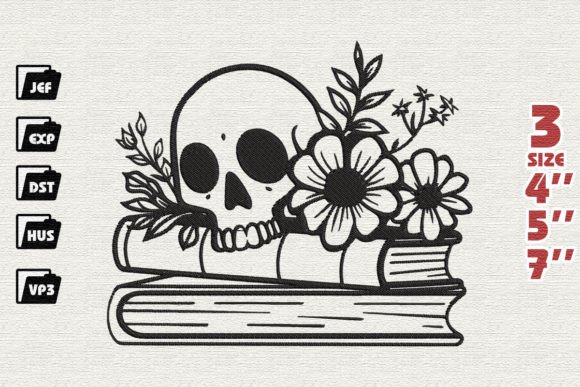 Skull Book Flower Embroidery Design